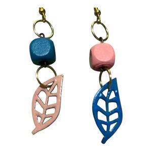 Handmade Pink and Blue Leaf Earrings